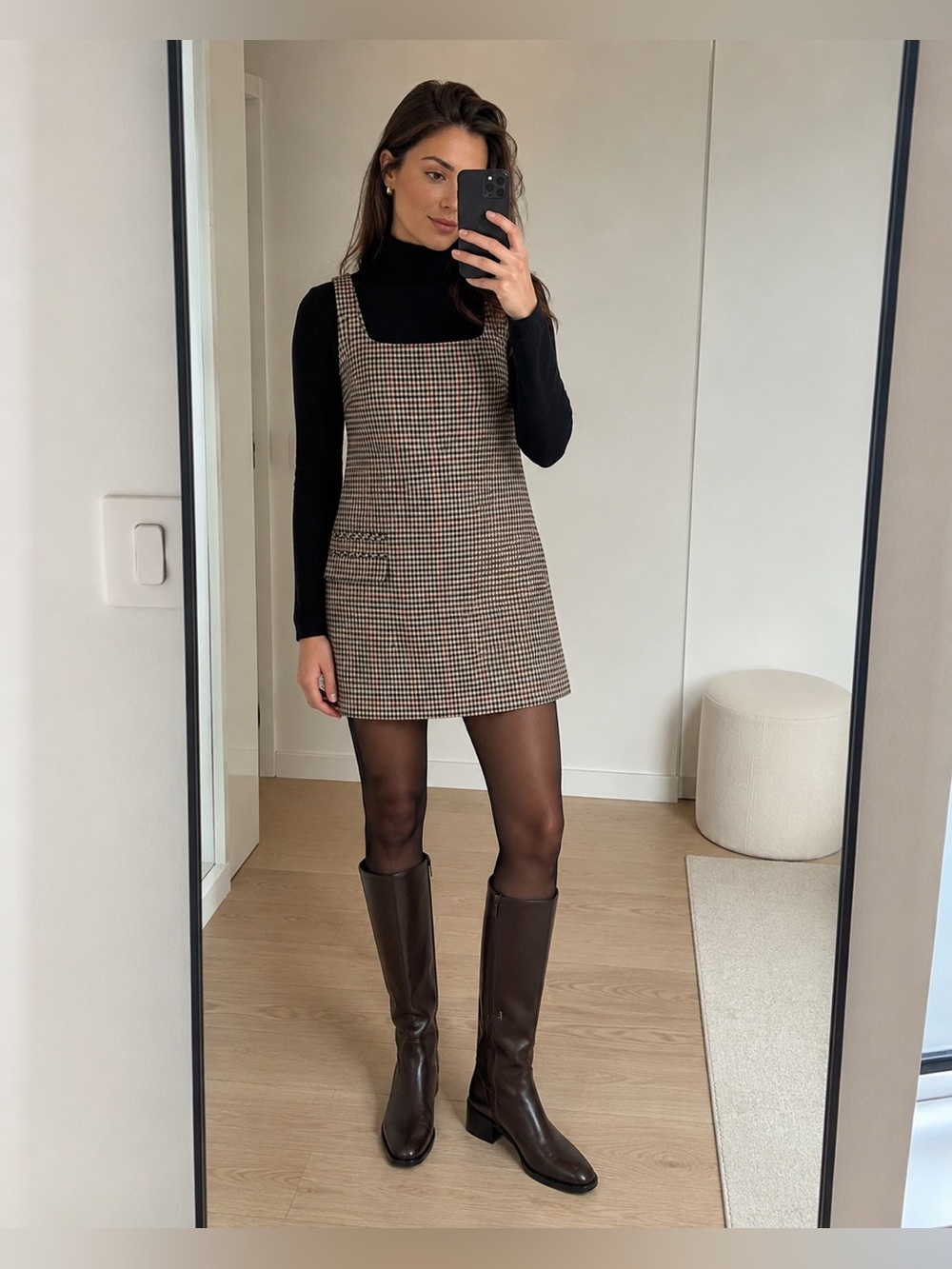Zara ZW Collection Plaid Mini Dress Beige Brown Square Neck Sleeveless Size S